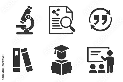 Educational icons: microscope, research, quotation, books, student, lecture