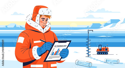 Scientist Examining Ice Core Data in Arctic Environment