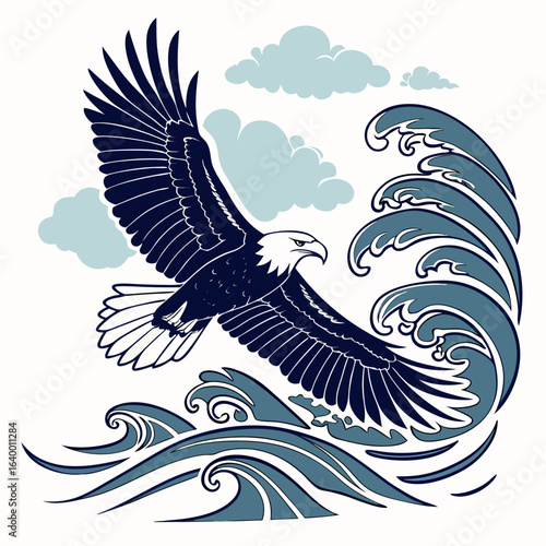 A majestic black silhouette of an eagle in flight, its wings and feathers spread wide, symbolizes freedom and nature in a beautiful vector illustration