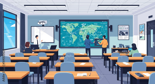 Students Participating In An Aviation Class Looking At The Map On Screen