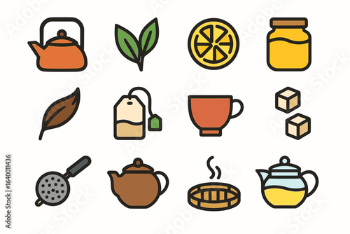 Tea icons: teapot, leaves, cup, lemon, honey, and more
