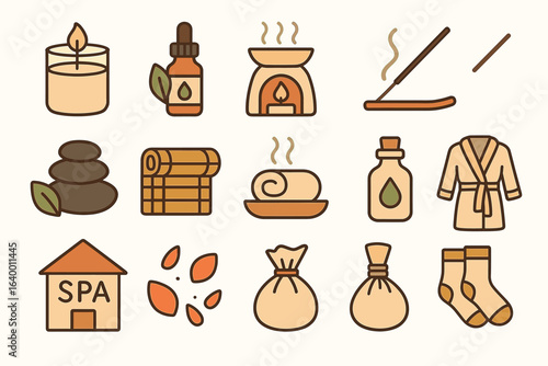 Spa and relaxation icons: candles, oils, aromatherapy, stones, incense, spawear
