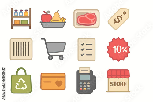 Grocery shopping elements: cart, barcode, payment, fresh produce, discounts