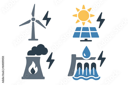 Renewable and non-renewable energy sources: wind, solar, nuclear, hydroelectric symbols