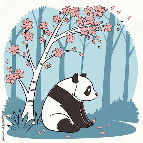 Cute wild panda bear eating bamboo in a natural forest environment