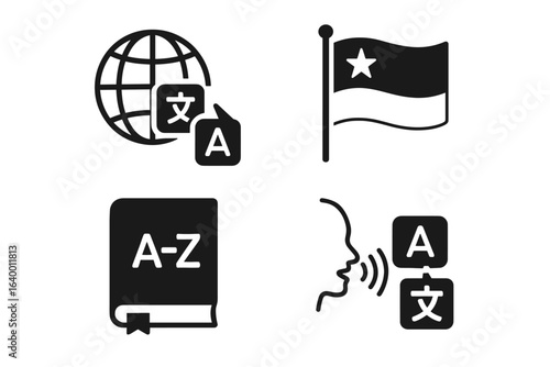 Language translation icons: globe, flag, dictionary, speech bubbles