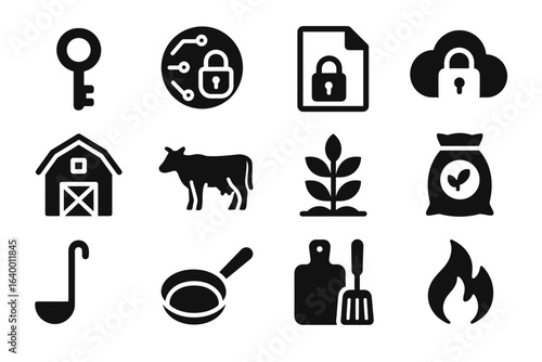 Black icons: security, agriculture, cooking, and music symbols collection