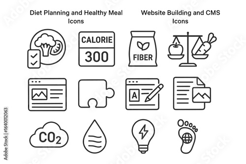 Diet and web design icons: nutrition, meal planning, and content management symbols