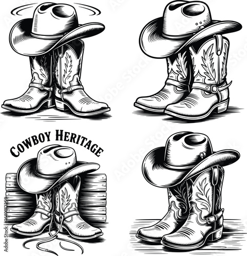 Cowboy Boots and Hat Vector Set, Western Rodeo Country Style Icons.

