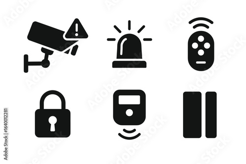 Security icon set: surveillance camera, alarm, remote control, lock, sensor