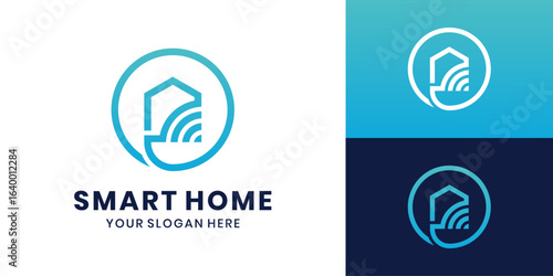 Smart home logo design with house and wireless signal
