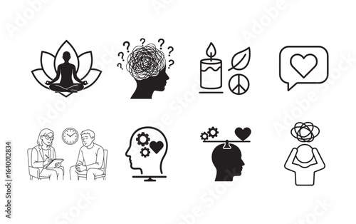 Mental Health & Wellbeing Icons Therapy, Meditation, and Mindfulness