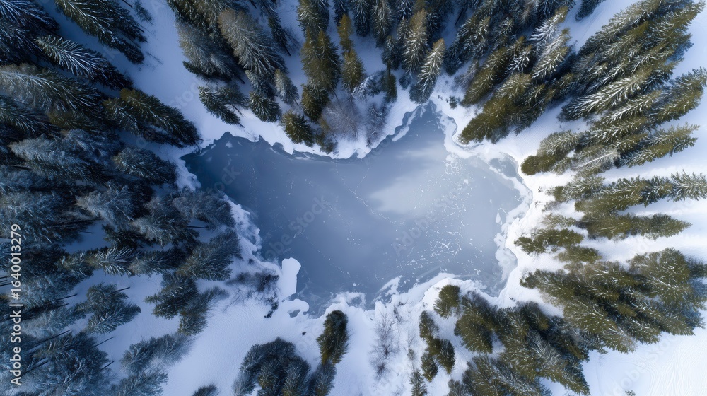 Majestic Aerial View of Frozen Lake Encircled by Dense Snow-Covered Evergreen Forest in Winter Wilderness Majestic Aerial View of Frozen Lake Encircled by Dense Snow-Covered Evergreen Forest in Winter Wilderness
