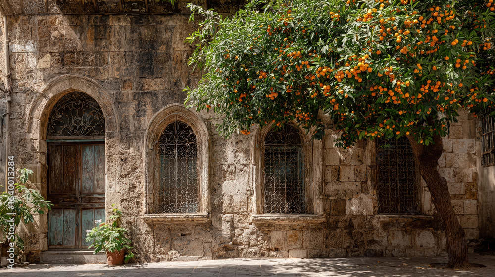 Fototapeta premium Sunlit Stone Building with Arched Windows and an Orange Tree, a Mediterranean Architectural Scene