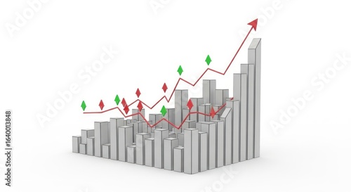 Illustration of a bar graph with an upward trending red line and green and red diamond indicators