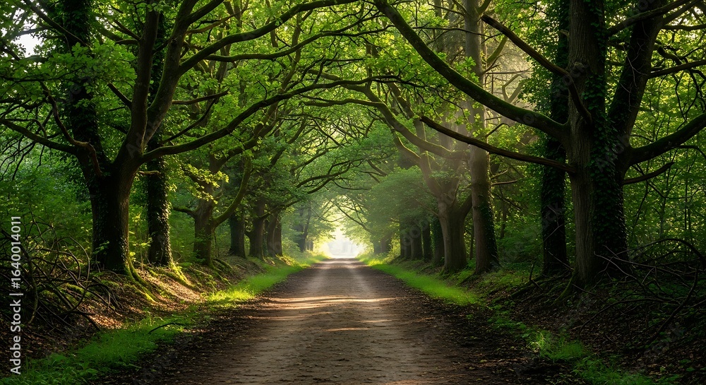Obraz premium Enchanting Forest Pathway Bathed in Golden Light - Lush Green Trees Create a Serene and Inviting Atmosphere for Nature Lovers, Outdoor Enthusiasts, and Tranquil Retreat Seekers