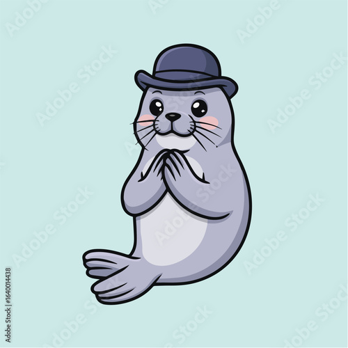 Cute seal cartoon character wearing a hat illustration adorable marine mammal with funny expression and cheerful pose playful animal design for kids and decoration