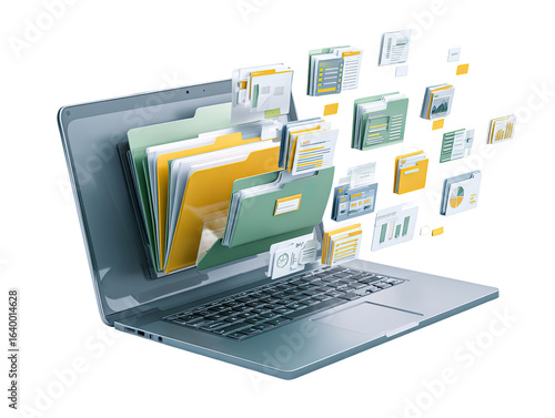 Laptop displaying multiple folders and files, suggesting digital data management.  Files and folders are in various colors and sizes, emanating from the laptop screen
