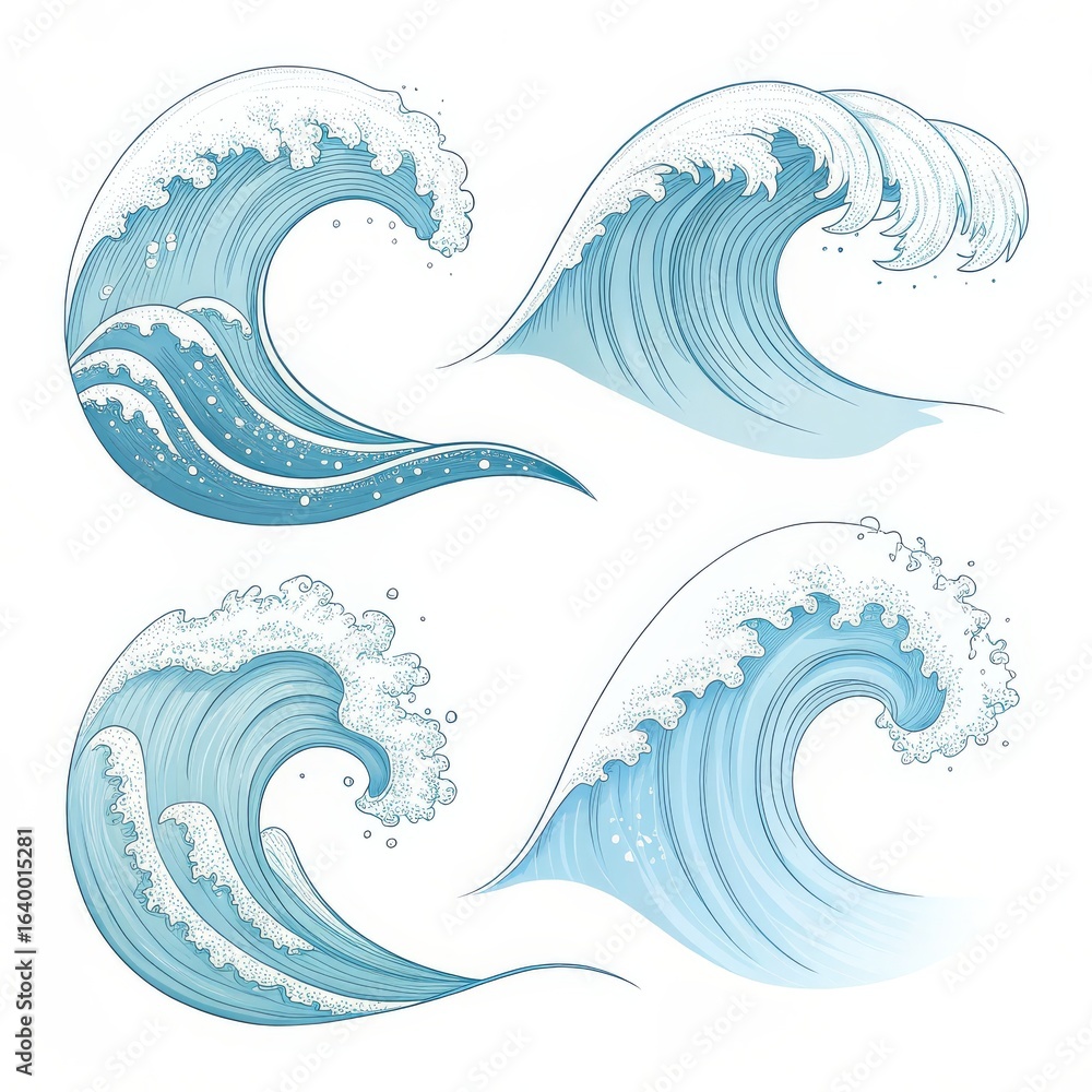 Fototapeta premium Illustration of four stylized blue ocean waves with white foam on a plain white background