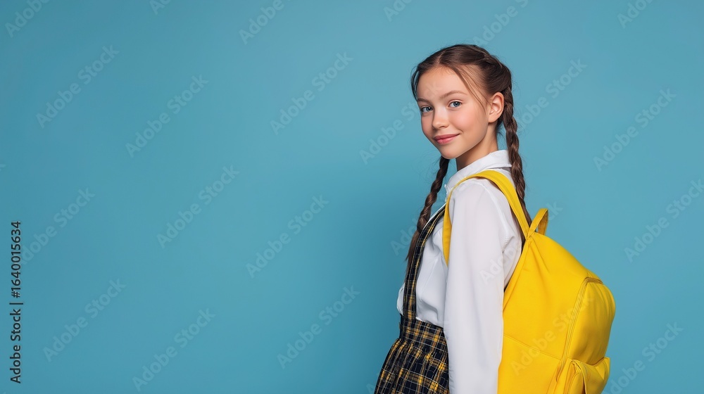Smiling Schoolgirl with Yellow Backpack on Blue Background Smiling Schoolgirl with Yellow Backpack on Blue Background