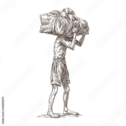 Hard Labor Man with Heavy Bag on Back Vector