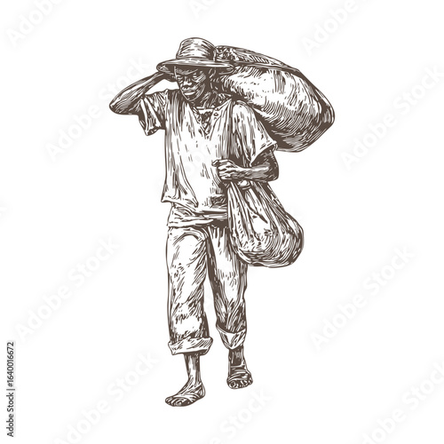 Vintage Engraved Man Carrying Sack on Back Vector