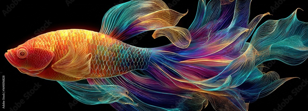 Fototapeta premium Translucent glass betta fish with colorful fins on a dark background