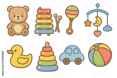 Cute baby toys collection: bear, stacker, rattle, mobile, duck, rings, car, ball