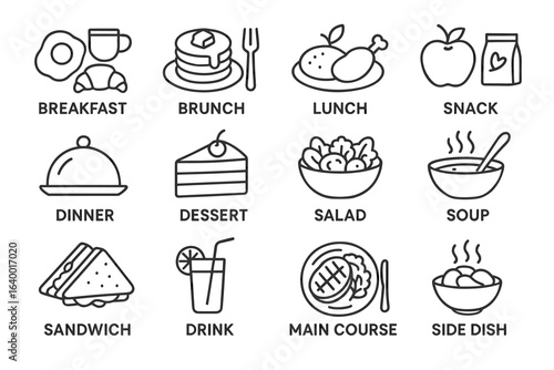 Assorted meal and beverage icons featuring breakfast, lunch, dinner, and more