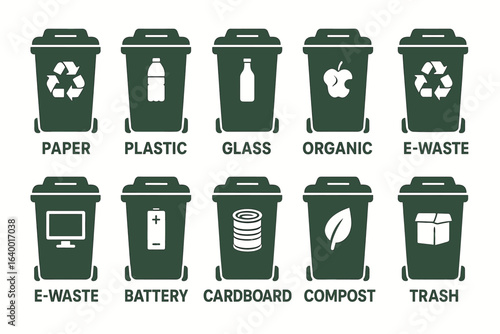 Recycling bins for paper, plastic, glass, organic, e-waste, and more