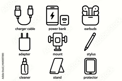 Charger cable, power bank, earbuds, adapter, mount, stylus, cleaner, stand, protector icons