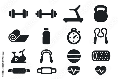 Fitness equipment icons: weights, treadmill, kettlebell, yoga mat, stopwatch