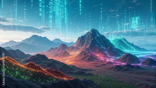 Stunning futuristic digital landscape with glowing mountains and cascading data streams