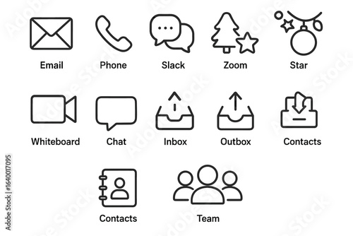 Minimalistic communication and organization icons: email, phone, chat, zoom, and team contacts