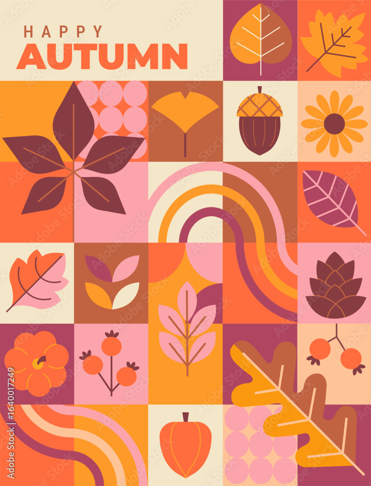 Fototapeta premium Hello autumn, vertical geometric banner.Greeting fall poster with leaves and isolated symbols of autumn-rowan berries, pumpkin,apple, sunflower.Template for harvest festival or Thanksgiving day.Vector