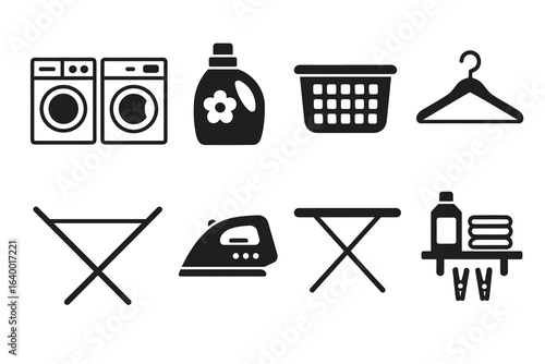 Laundry equipment icons: washer, detergent, basket, hanger, ironing board