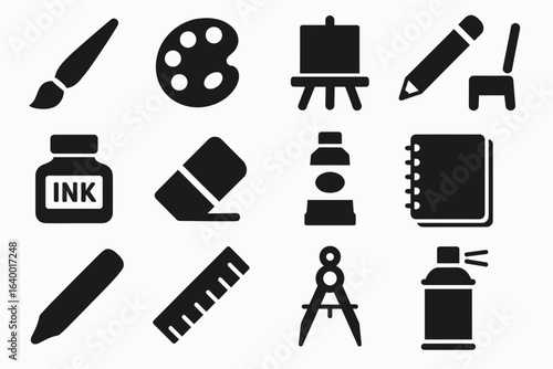 Art and design tools icons: paintbrush, easel, palette, pencil, ink, eraser, paint, notebook