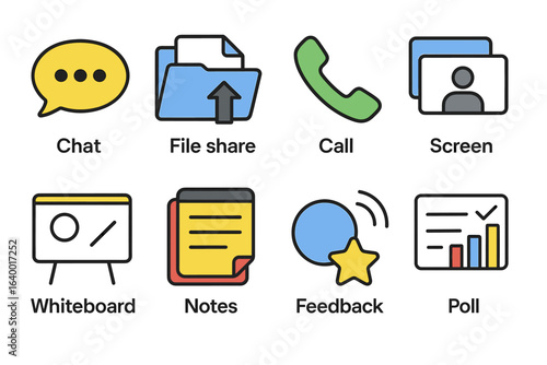 Digital communication icons: chat, file sharing, calls, screen sharing, whiteboard, notes, feedback, poll