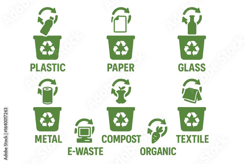 Recycling bins for plastic, paper, glass, metal, e-waste, compost, textile, organic sorting