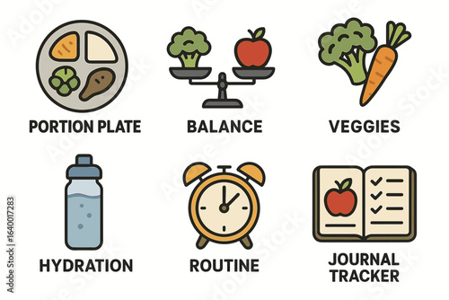 Healthy lifestyle icons featuring portion plate, balanced diet, vegetables, hydration, routine, and journal tracker
