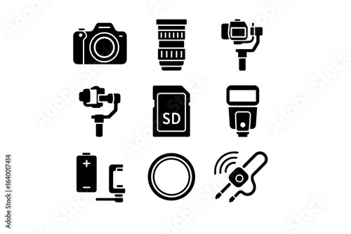 Camera gear icons: dslr, lens, gimbal, sd card, flash, battery, mount, filter, remote