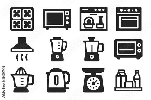 Kitchen appliance icons set featuring blender, oven, microwave, and more