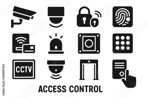 Access control icons: cctv, lock, fingerprint, keypad, security symbols