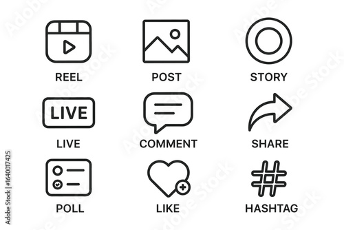 Social media icons set: reel, post, story, live, comment, share, poll, like, hashtag