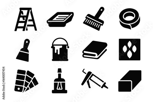 Essential diy tools and materials icons: ladder, paint, tape, caulking gun