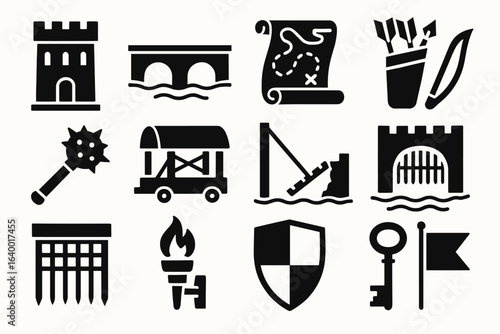 Medieval symbols collection: castle, torch, shield, key, map, bridge, gate, arrow, mace icons