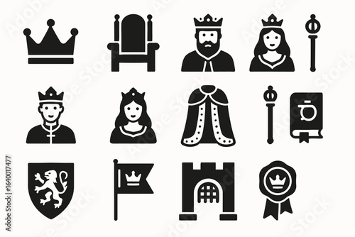 Royal icons collection: crowns, thrones, kings, queens, castles, scepters, shields, flags