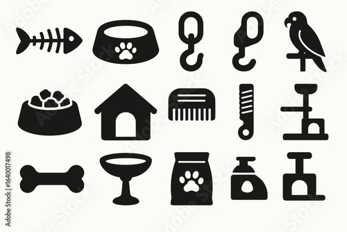 Pet supply icons: fishbone, bowl, hooks, parrot, house, comb, scratcher, tree