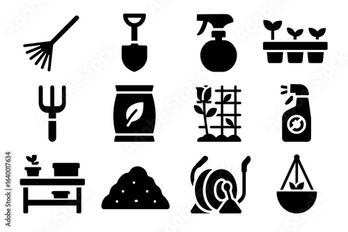 Garden tools and supplies icons featuring fork, shovel, sprayer, and seedlings
