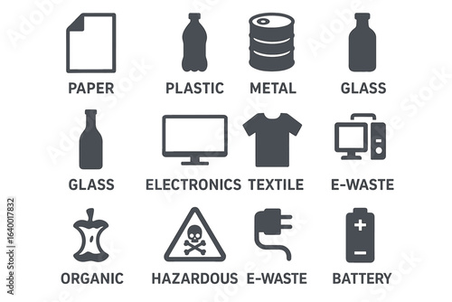 Recycling symbols: paper, plastic, metal, glass, electronics, textile, e-waste, organic, hazardous, battery